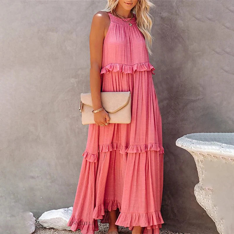 Solid Ruffled Sleeveless Maxi Sundress for Women