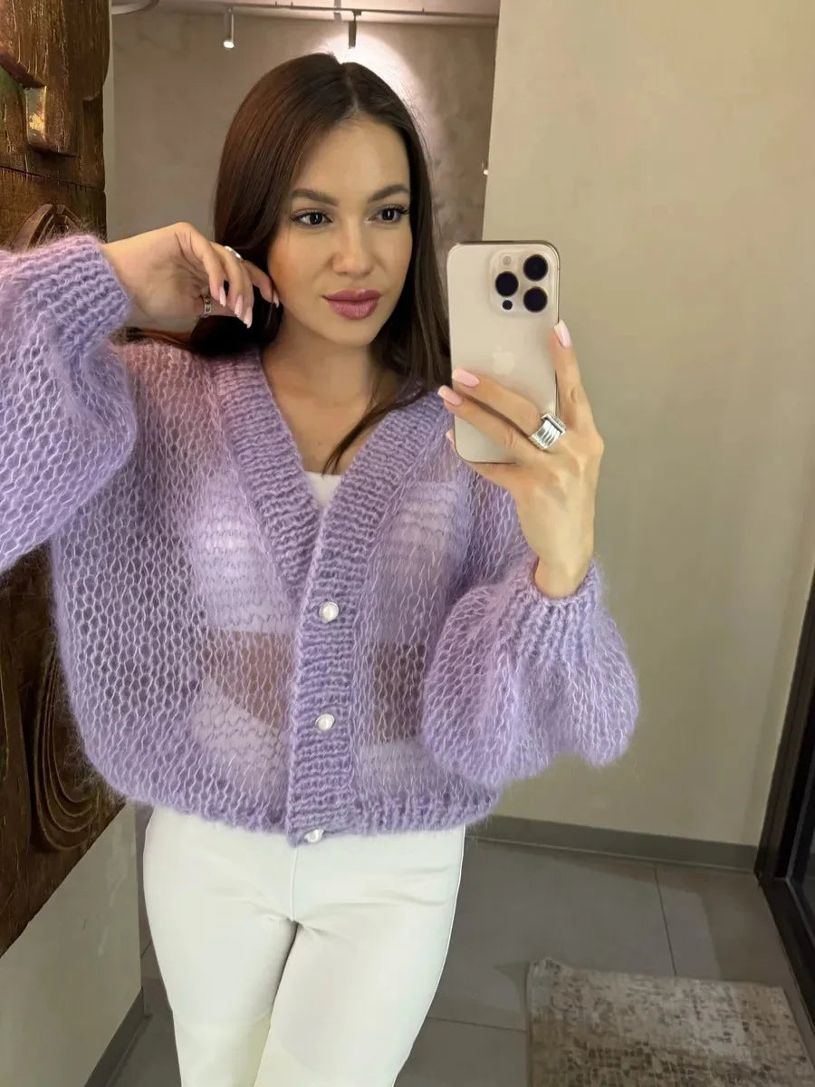 Loose Fit Open Knit V Neck Cardigan Sweater for Women