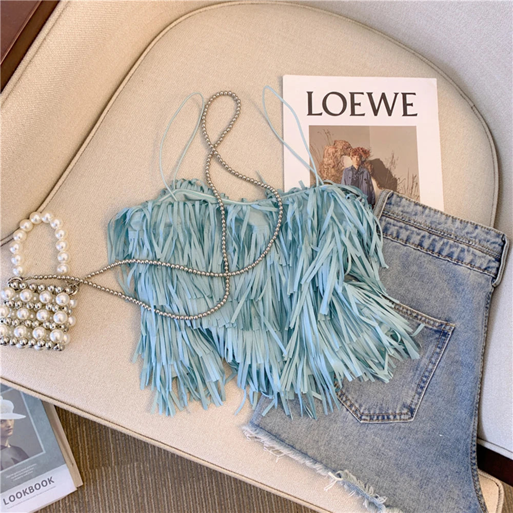 Chic Blue Fringe Tassel Halter Summer Top for Women