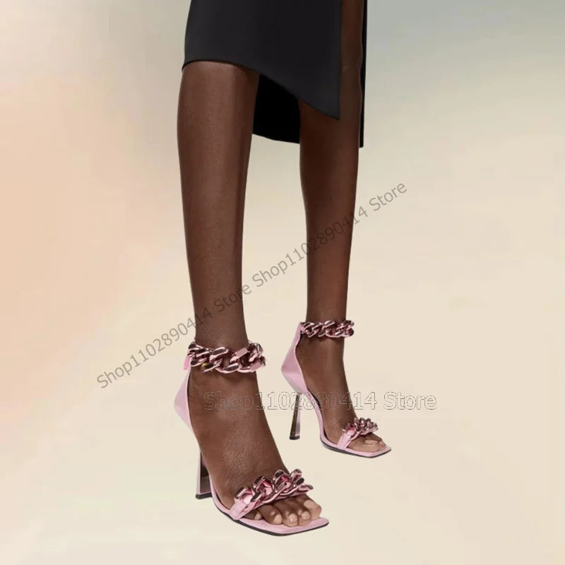 Snakeskin Print Gold Chain Decor Open Toe Sandals for Women