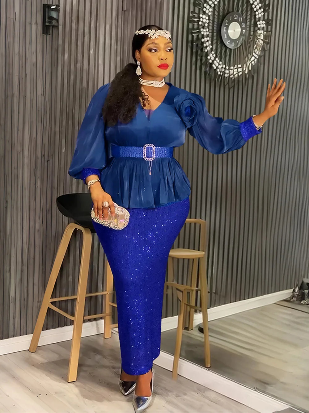 Sequin Short Sleeves V-Neck Maxi Dress