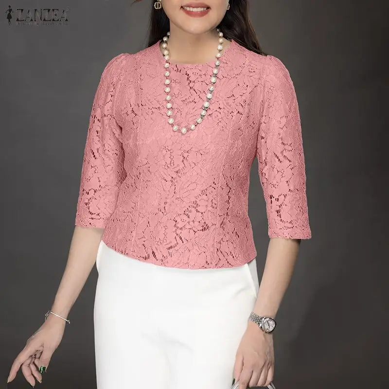 Lace Patchwork Three Quarter Sleeve Top