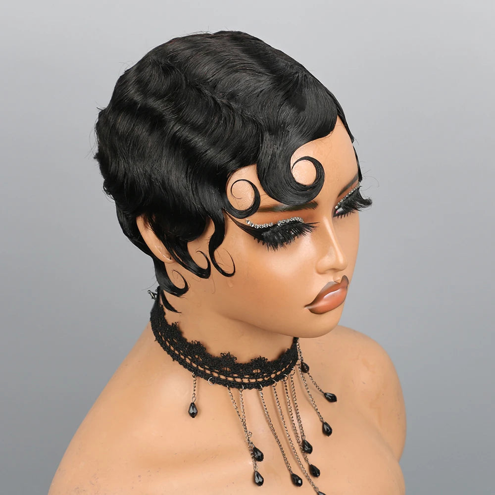 Natural Short Finger Wave Human Hair Pixie Wig for Women
