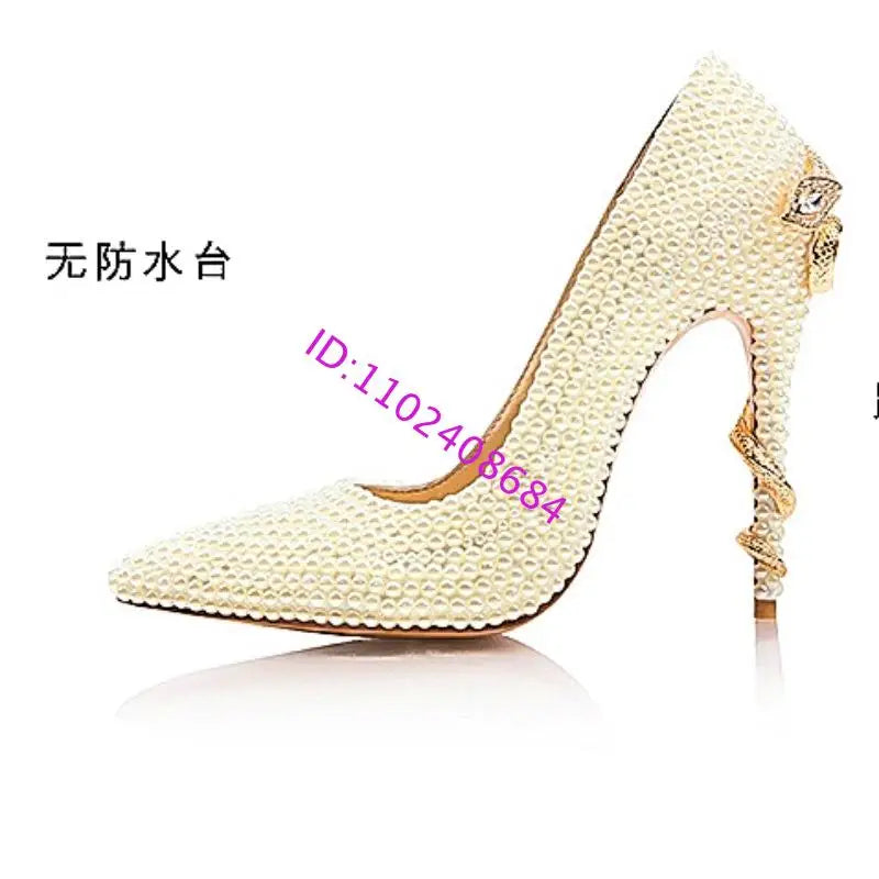 Golden Pearl Embellished Bridal High Heel Pumps For Women