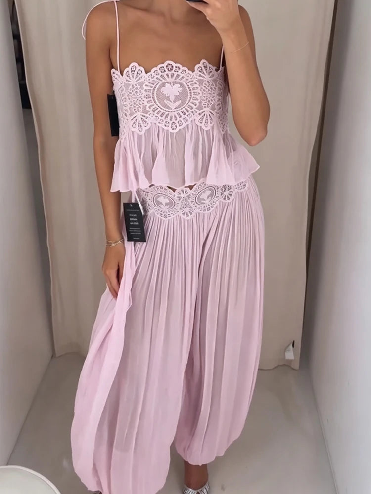 Elegant Hollow Out Lace Two Piece Summer Outfit For Women