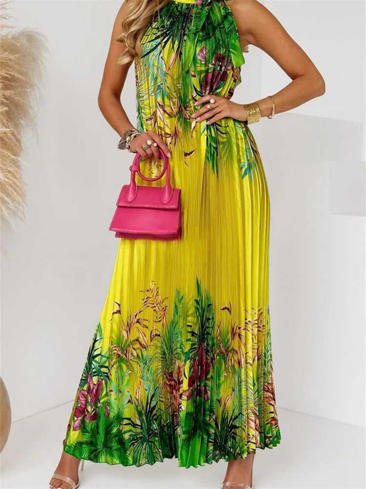 Wmstar Women Dress Lady Casual Loose Halter Pleated Maxi Fashion Leaf Print Sleeveless Beach Boho Elegant Halter Long Dresses
