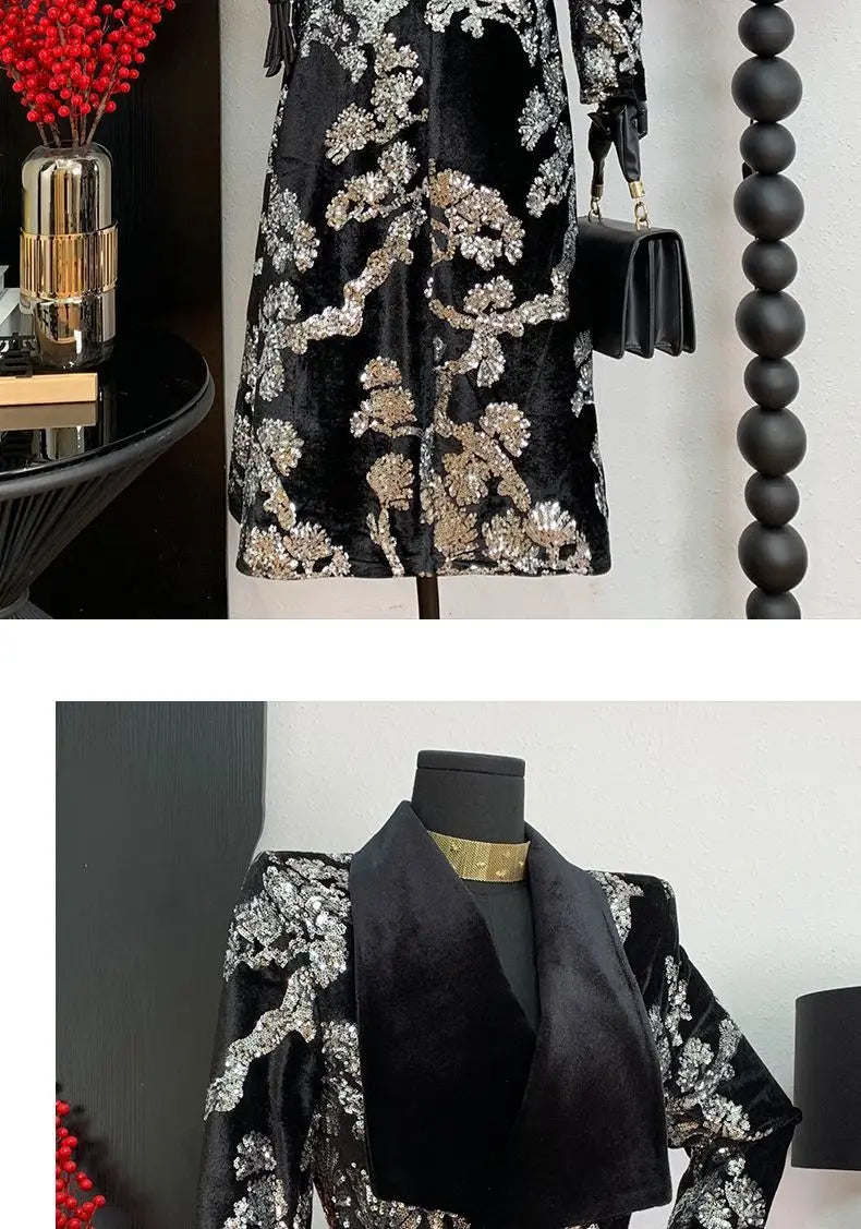 Adjustable Waist Windbreaker Coat Autumn/Winter New Sequins Trench Coat, Women's Coat, English Style Overcoat
