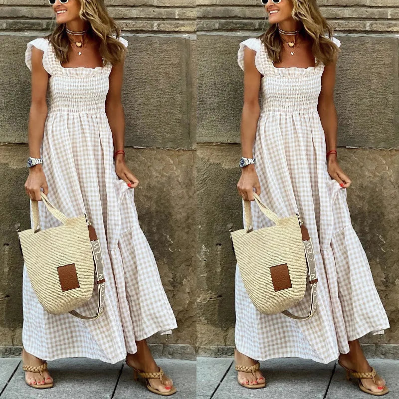 Flowy Plaid Backless Maxi Dress with Elastic Waist for Women