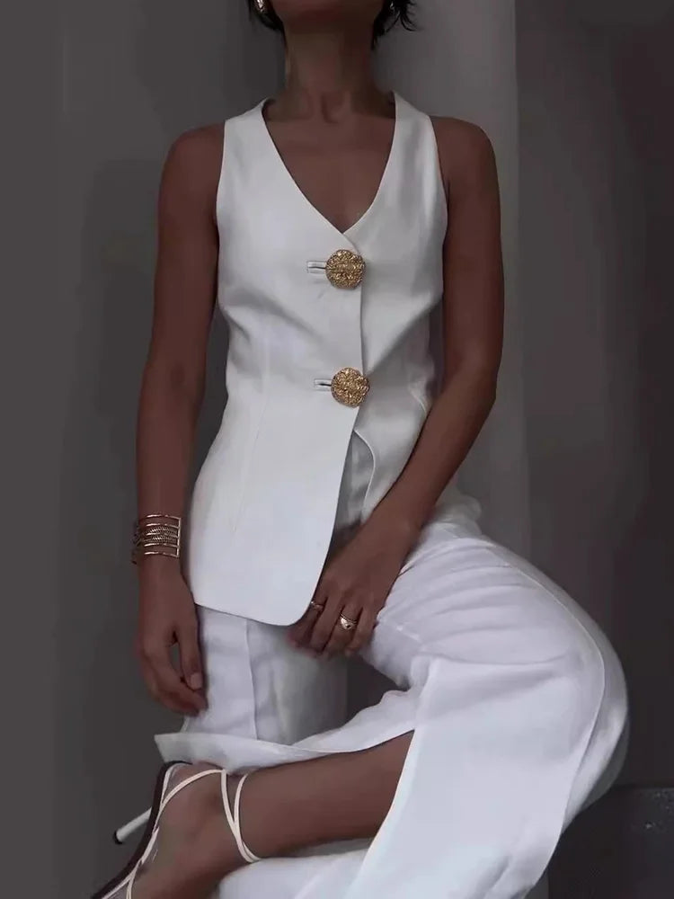 Women Summer Cardigan Top Chic Outfit, Solid Patchwork Wide Leg Pants Matching Sets, Sleeveless V Neck Ladies Suits Streetwear