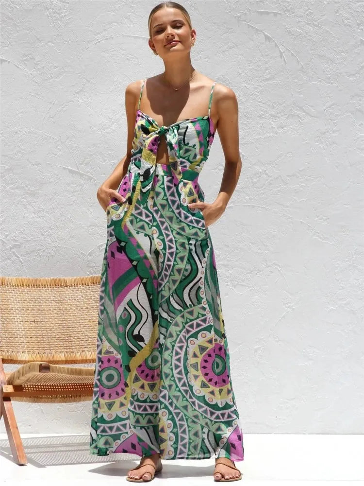 Printed Spaghetti Strap Bowknot High Waist Jumpsuit for Women