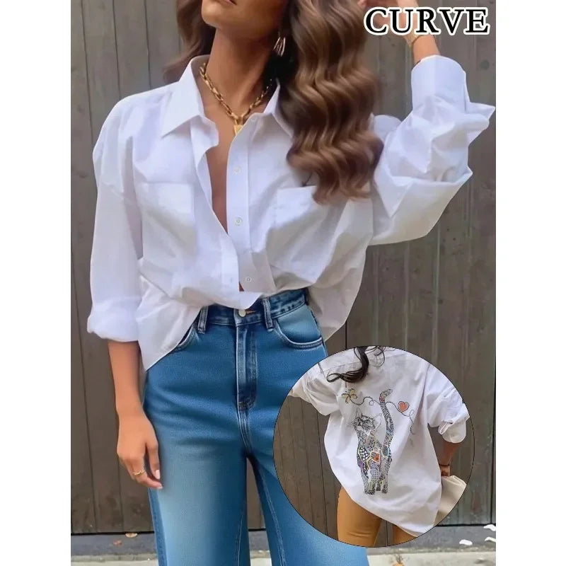Plus Size Cat Print Single Breasted Blouse for Women