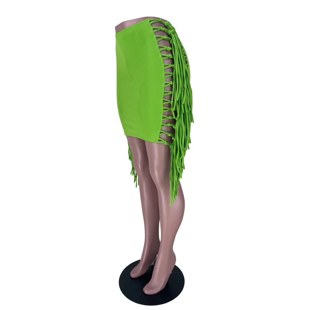 FAGADOER Sexy Tassel Bodycon Mini Skirts Party Club Outfits Women Fashion Chic Streetwear Short Birthday Holidays Skirt Solid