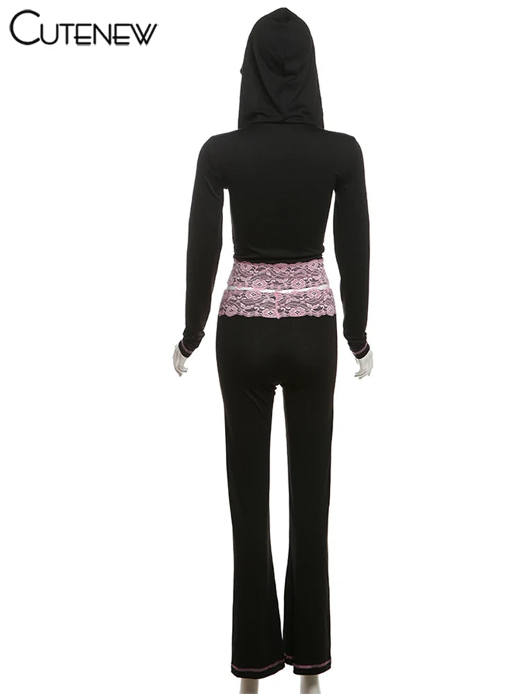 Lace Patchwork Hooded Top Two-Piece Set