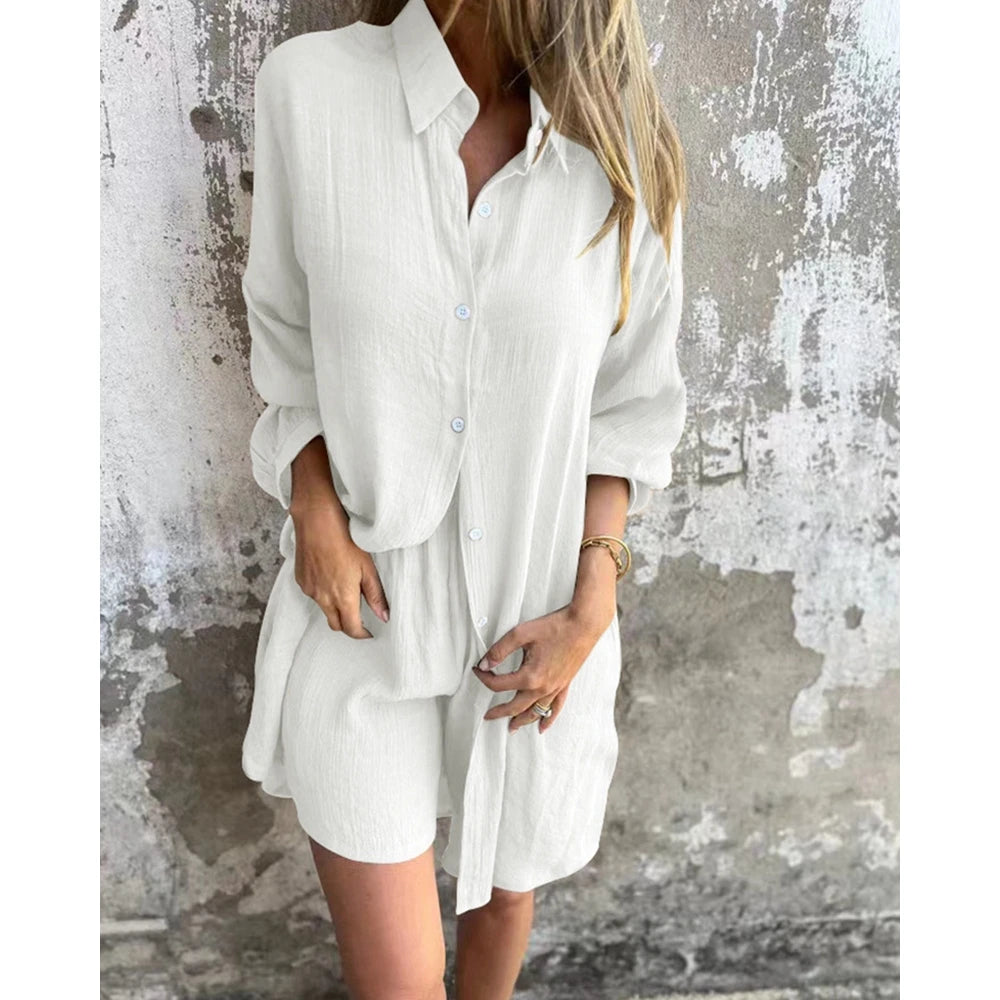 Ruched Turn-down Collar Long Sleeve Buttoned Top and Shorts Set Two Pieces Summer Outfits