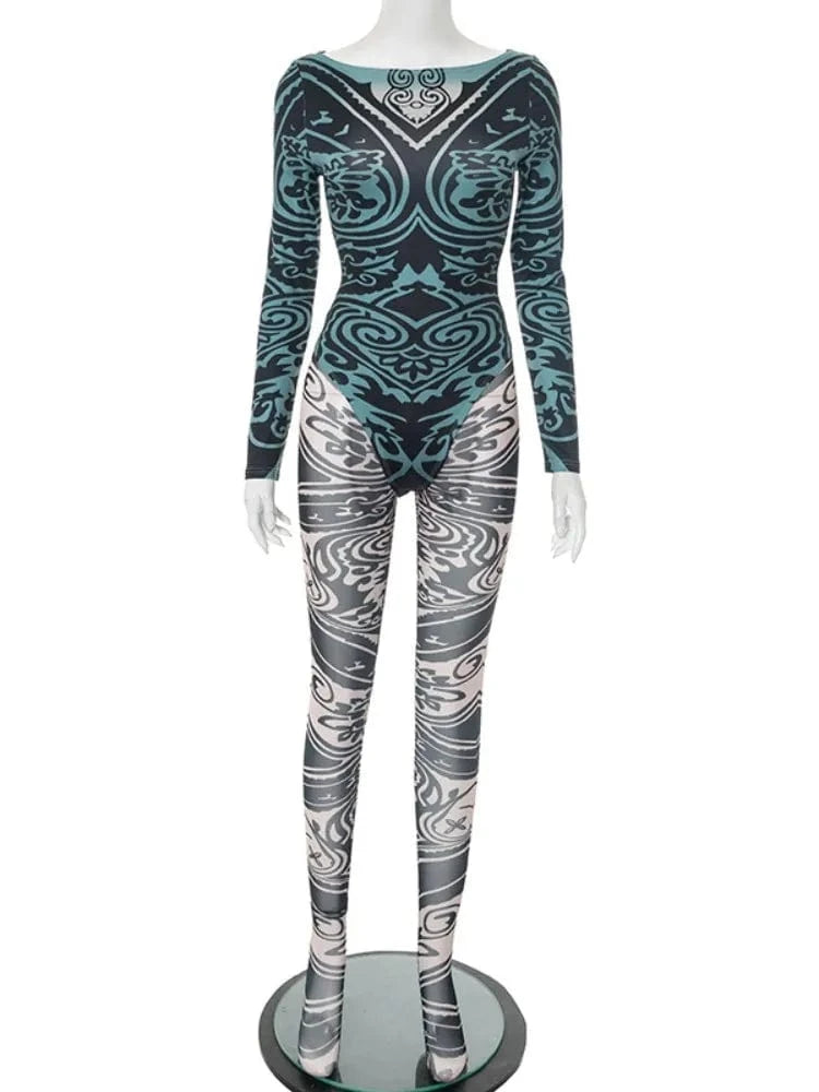 Joskaa 2025 Women's Abstract Print Two Piece Set Sexy Round Neck Long Sleeve Bodysuit + Skinny Pants Matching Y2K Streetwear
