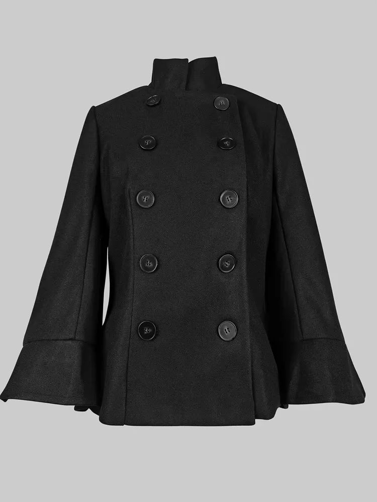 Gymystars Womens 2025 Short Jacket England Buttoned Black High Neck Coats Spring  Long Flared Sleeves Outerwear For Women