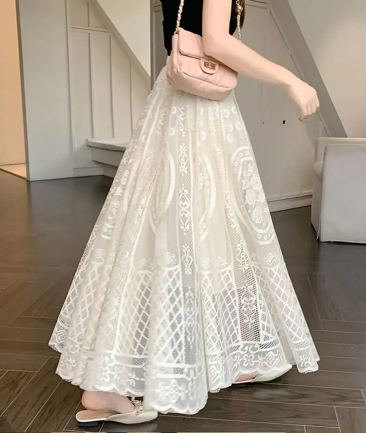 High Waisted Lace A Line Swing Midi Skirt for Women