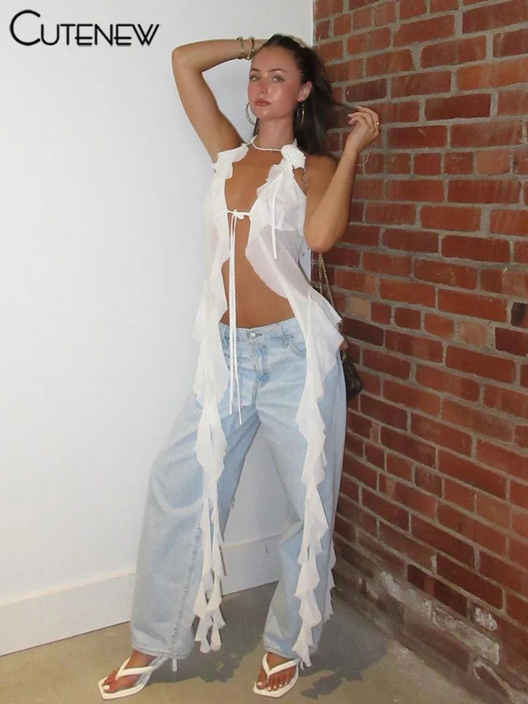 White Ruched Mesh Halter Crop Top