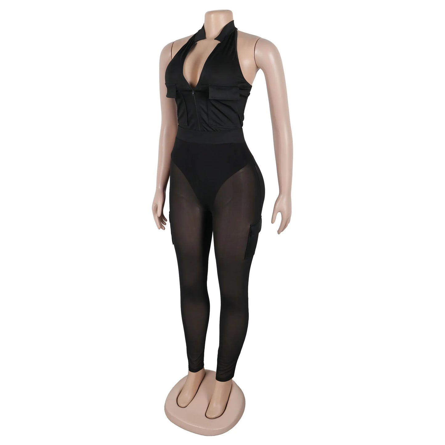 Solid Halter Neck Backless Sleeveless Zip Up Jumpsuit for Women