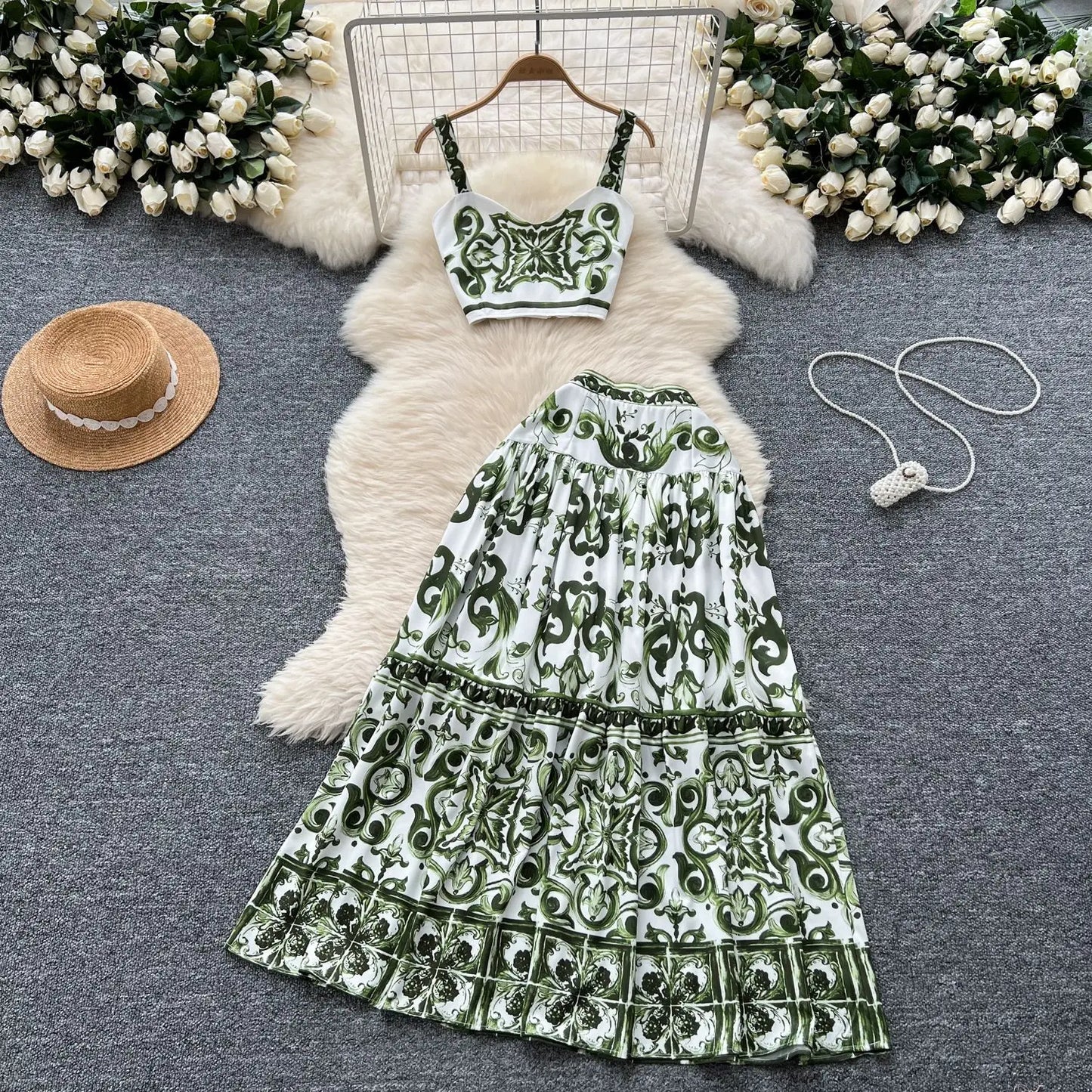 Blue and White Porcelain Print Two Piece Set for Women
