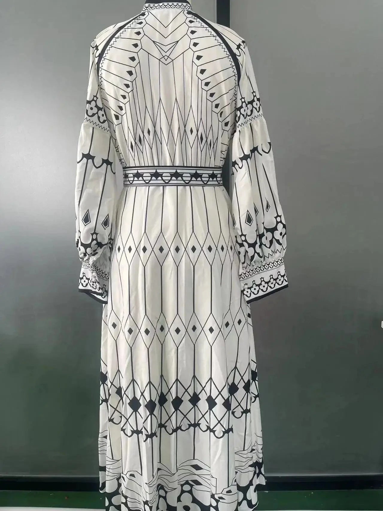 Retro Elegant Stand Collar Long Dress Women Spring Pattern Print Belted Buckle Party Dress Autumn Long Sleeve A-Line Boho Dress