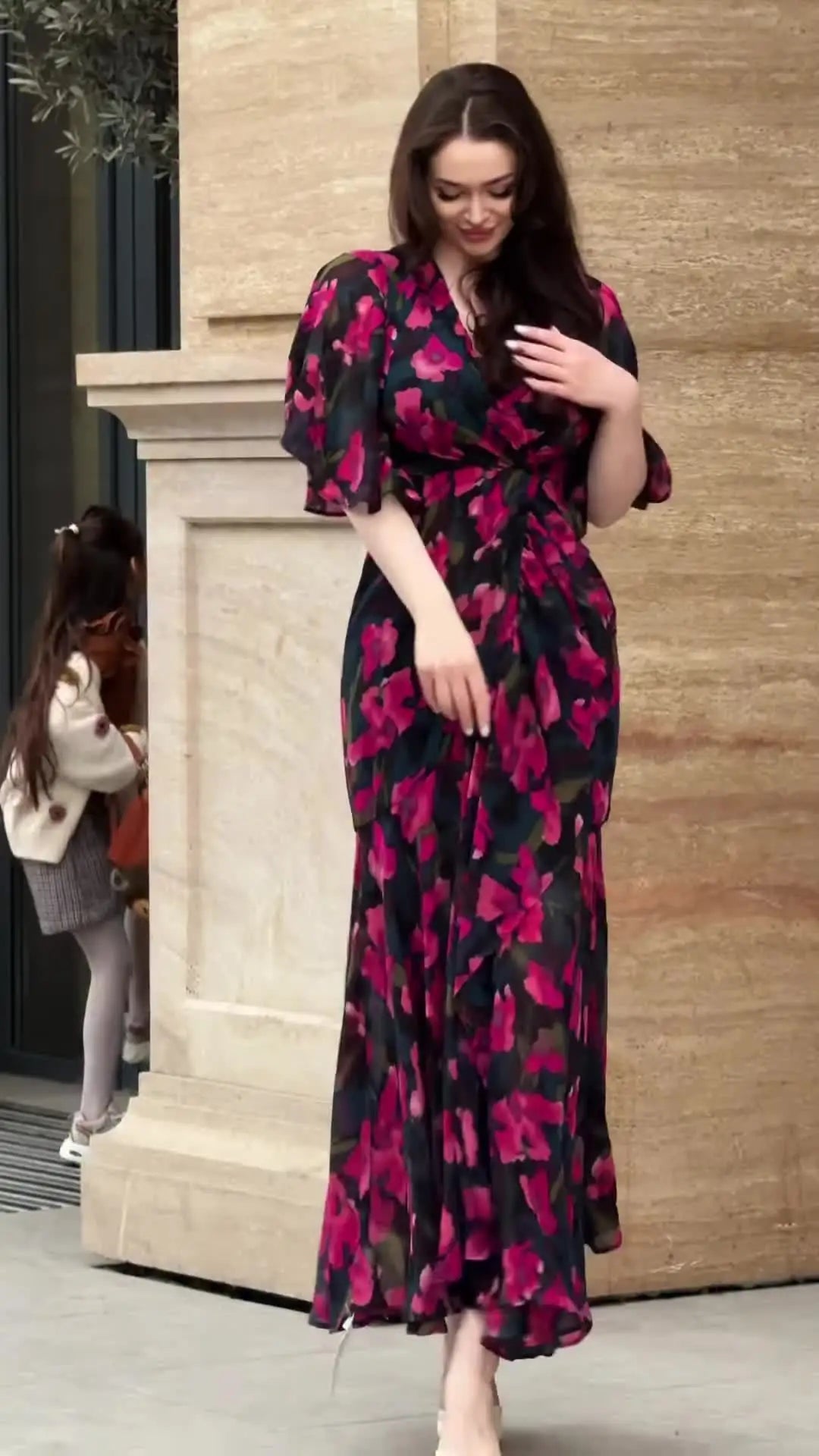 V Neck Floral Print Short Sleeve Ankle Length Dress for Women