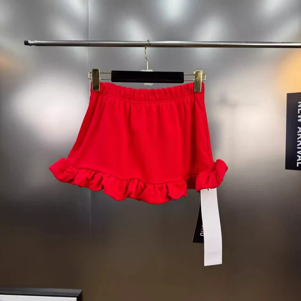 VGH Versatile Patchwork English Letters Short Skirt for Women Low Waist Spliced Ruffles Hem Hotsweet Skirts Female Summer New