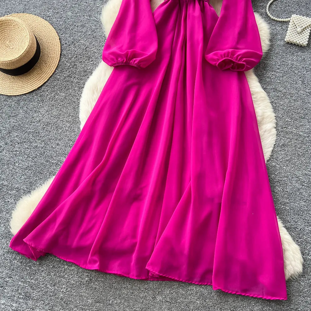 Floral Lace V Neck Long Sleeve A Line Midi Dress for Women