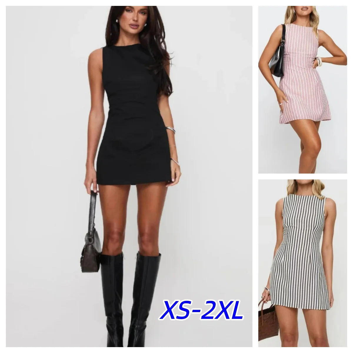 Casual Striped Print Crew Neck Sleeveless Mini Dress for Women
