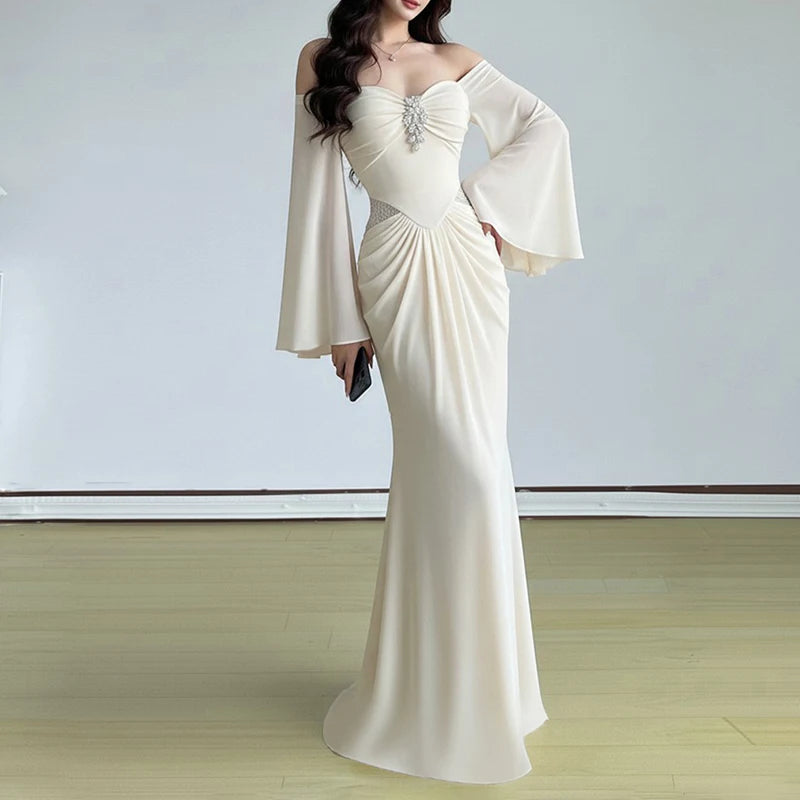 2026 Sexy Backless Draped Party Dress Elegant Strapless Flared Sleeves Evening Dress Women Fashion Hight Waist Solid Long Dress