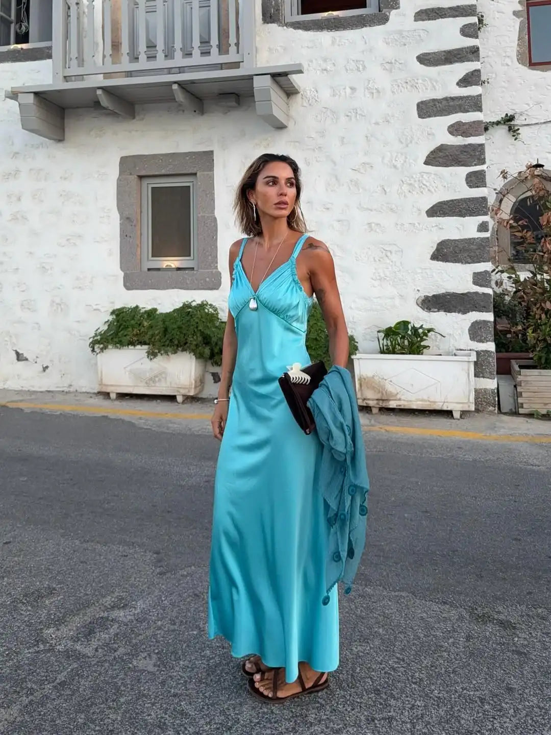 Women Solid Sling Maxi Dress Fashion Elegant Backless V-neck Sleeveless Satin High Waist Dresses 2025 Summer Lady Party Robes