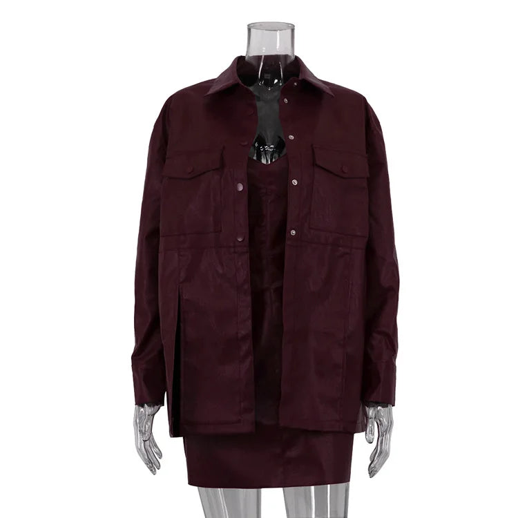 Faux Leather Two Piece Dress Coat Set