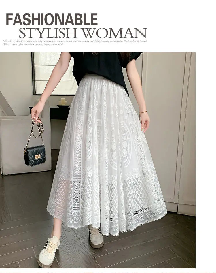 High Waisted Lace A Line Swing Midi Skirt for Women