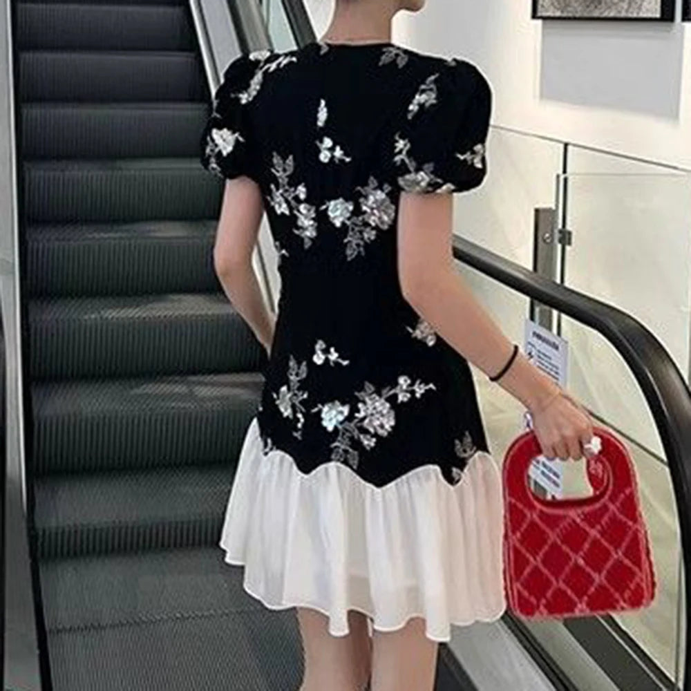 Slim Sequin Embroidery Chinese Style Splice Dress for Women