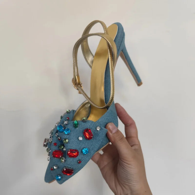 Crystal Rhinestone Bow Denim Pointed High Heel Sandals for Women