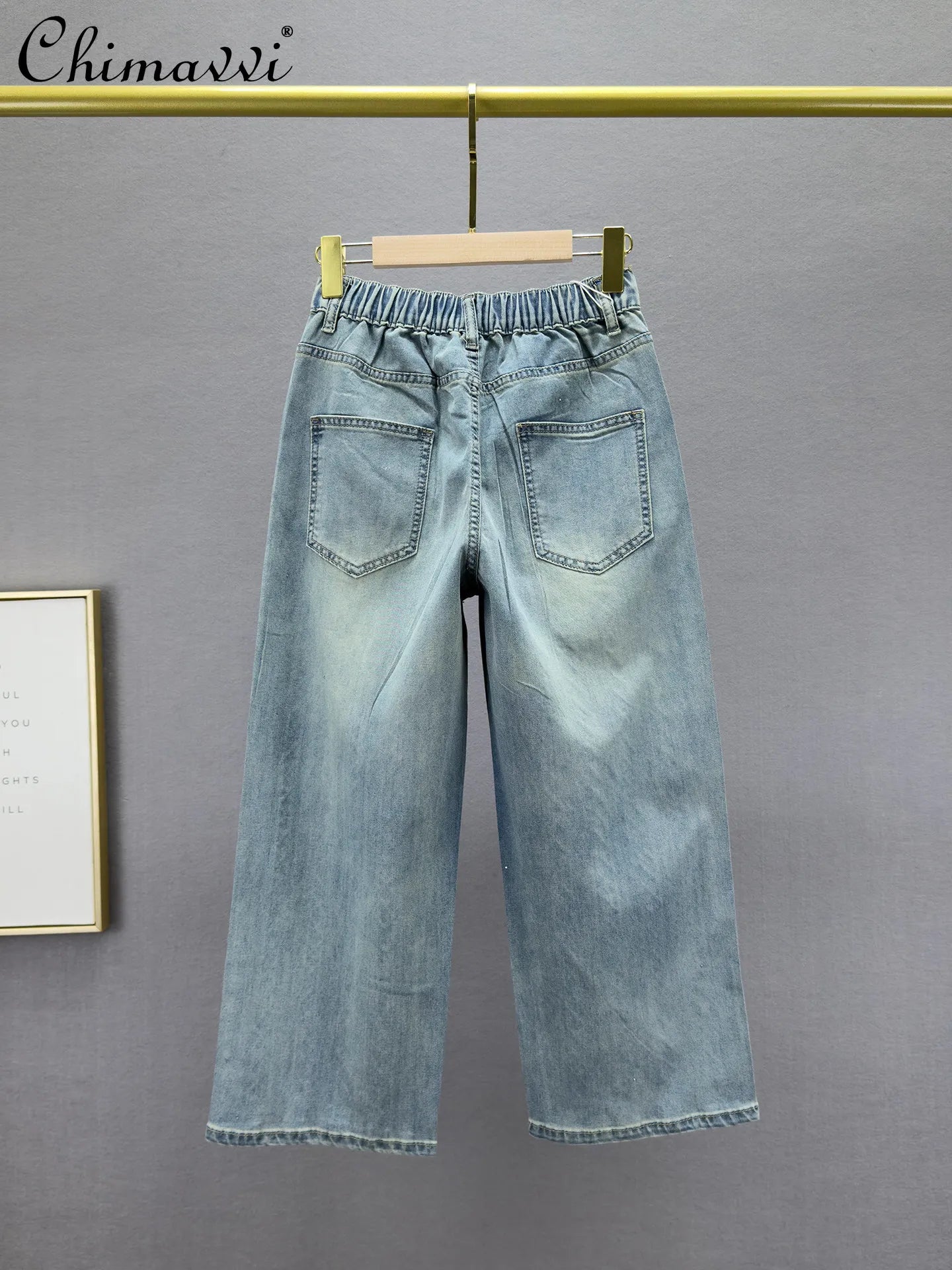 Heavy Cut Out Hot Diamond Jeans Women's Cropped Pants Summer New Fashion Thin High Waist Loose Slimming Straight-leg Pants