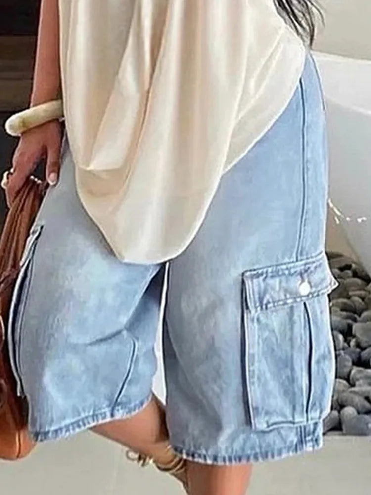 Beautyblue Loose Wide Leg Pants Women's Denim Shorts Vintage Fashion Loose Pocket Five Points Pants Streetwear High Waist Pants