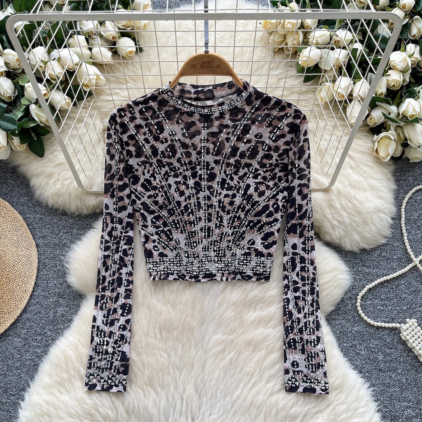 Leopard Print Rhinestone Mesh Long Sleeve Crop Top for Women