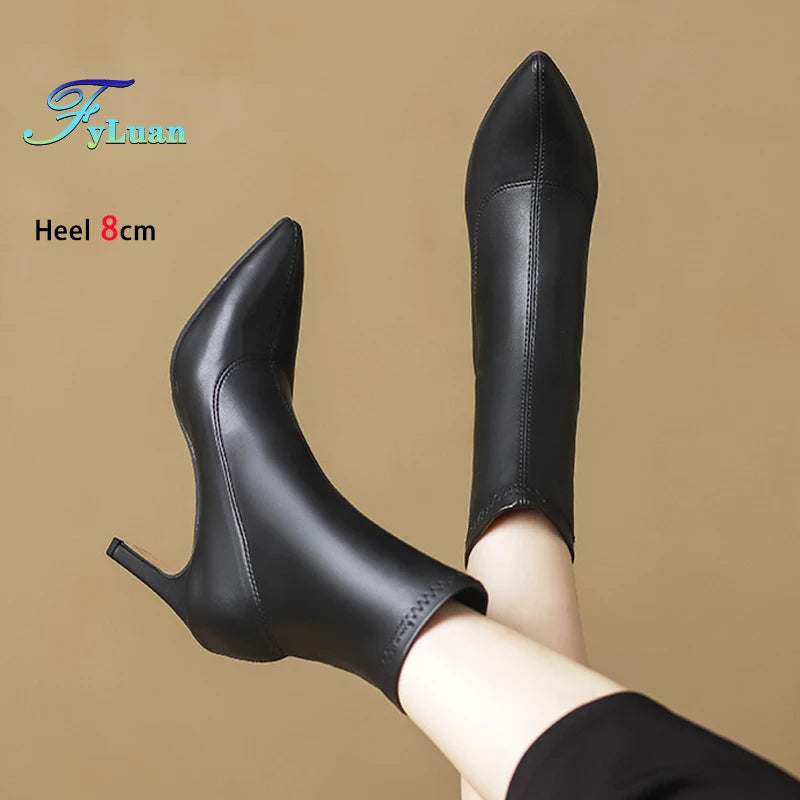 Pointed Leather High Heel Ankle Boots