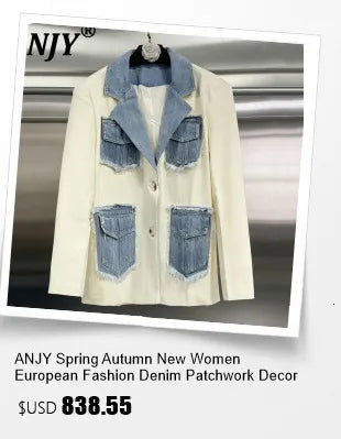 ANJY Autumn New Women Vintage Streetwear Ins Stylish Denim Patchwork Single Breasted Coat Casual Elegant Asymmetric Blazer A8421