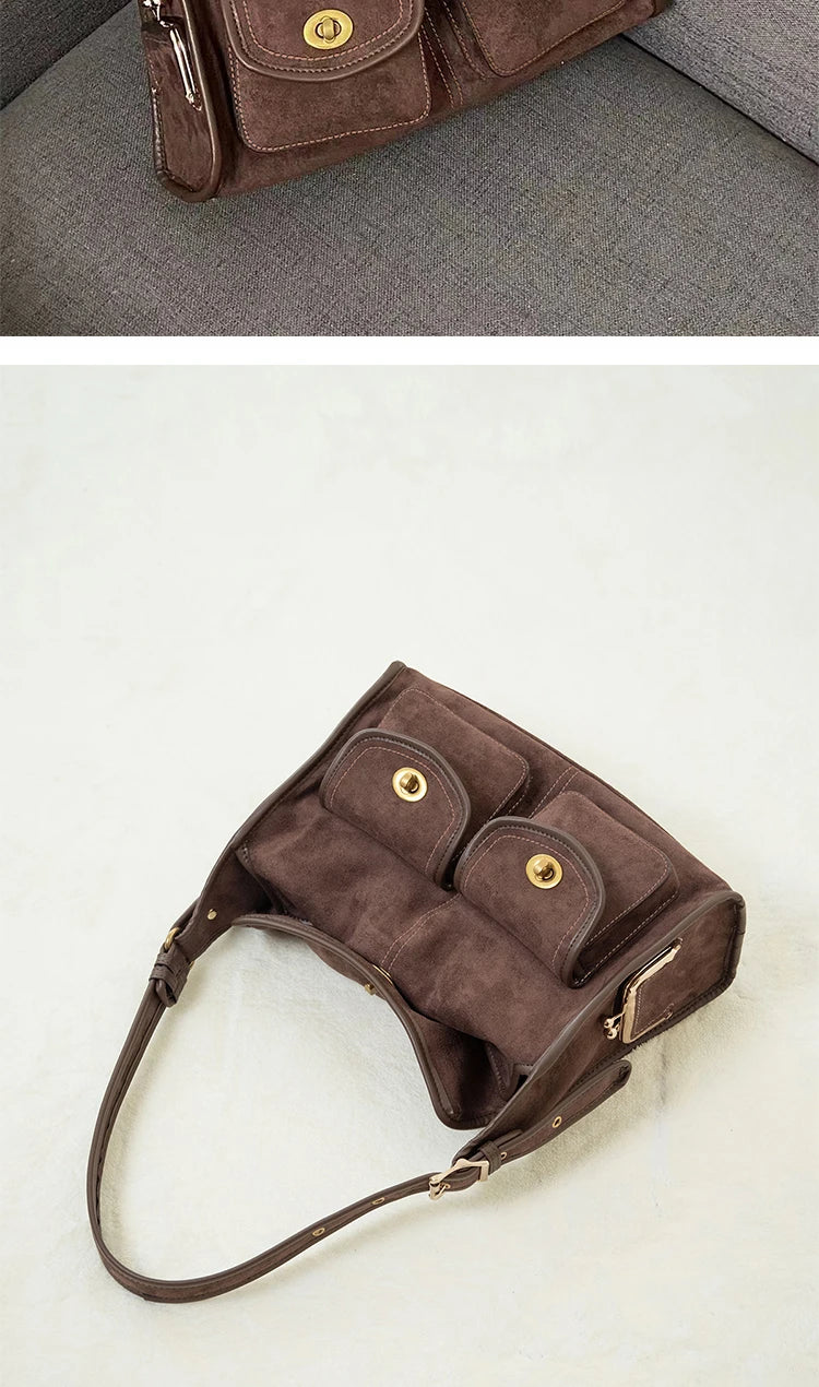 Casual Commuter Large Capacity Suede Pillow Bag Single Shoulder Crossbody Bag Vintage Style Polyester Lining Zipper Closure