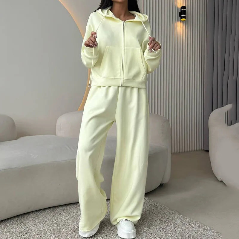 KUCLUT Fashion Sports Suit Long Sleeve Zipper Cardigan Hooded Sweatshirt Drawstring Elastic Trousers Two-piece Set Female 1A717