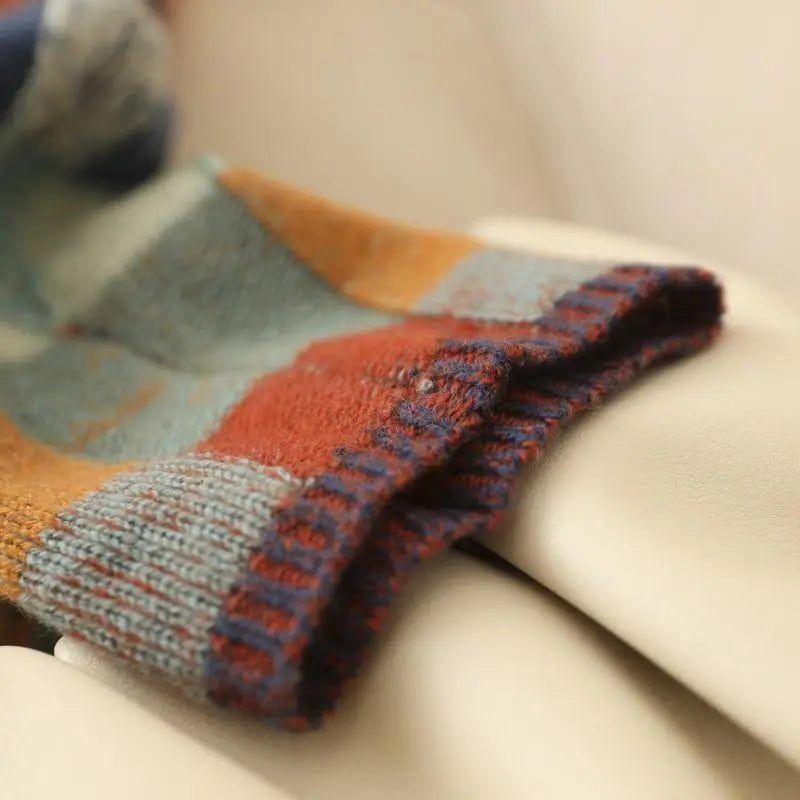 Cozy Thick Knit Turtleneck Sweater With Plaid Pattern For Women
