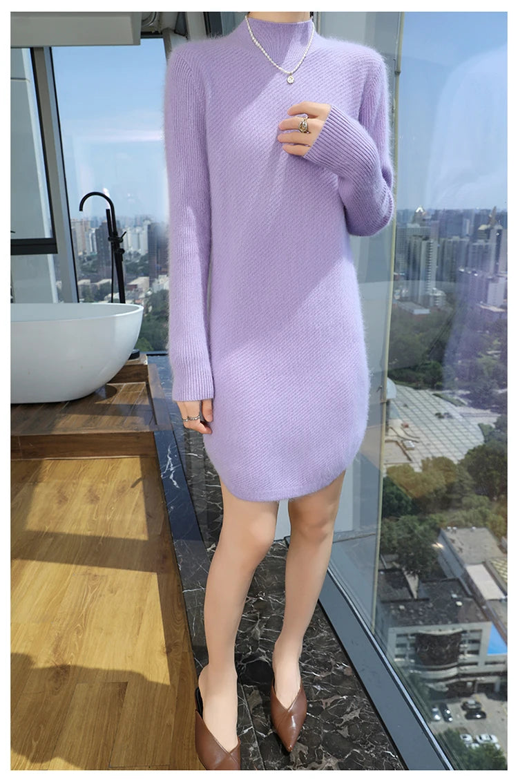 Warm Loose Fit Jacquard Knit High Neck Knee Length Dress for Women