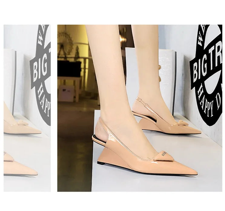 Patent Leather Wedge Heel Pumps With Back Strap for Women