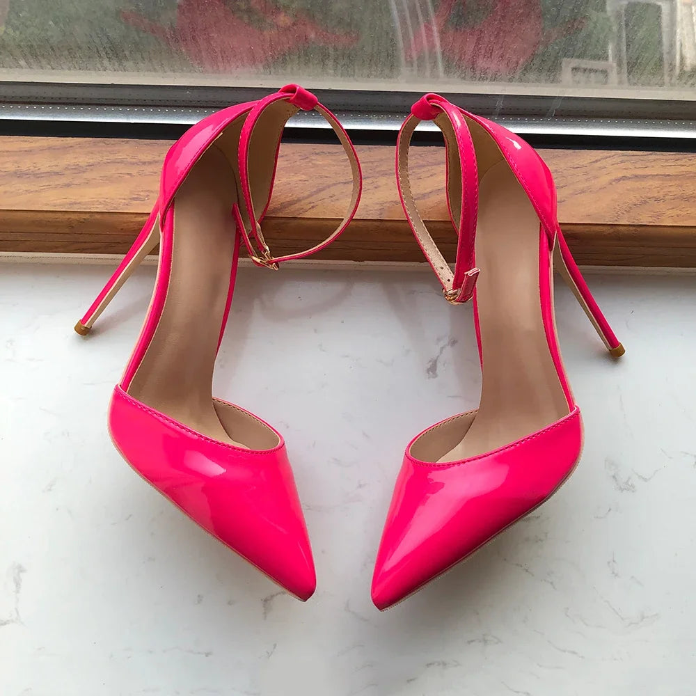 Rose Pink Patent Pointed Toe Ankle Strap Pumps for Women