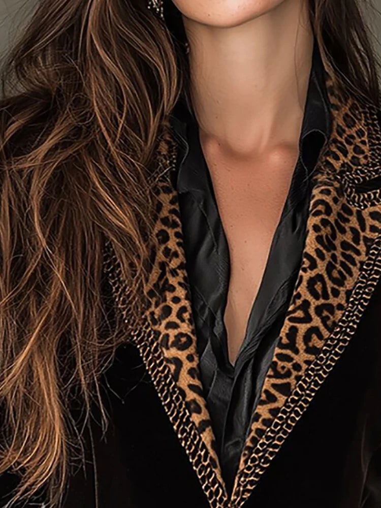Elegant Leopard Print Velvet Blazer Jacket for Women