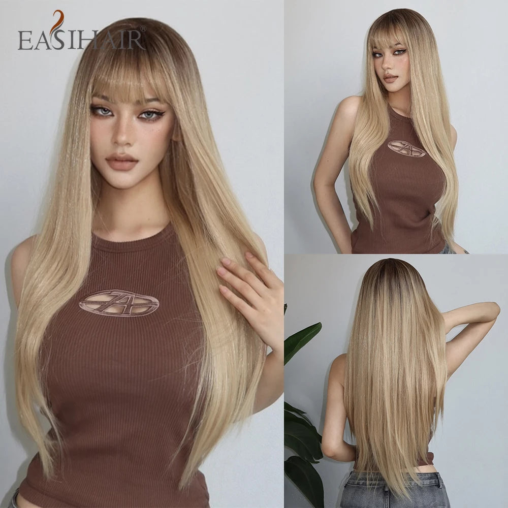 Long Straight Black Synthetic Wig With Bangs for Women
