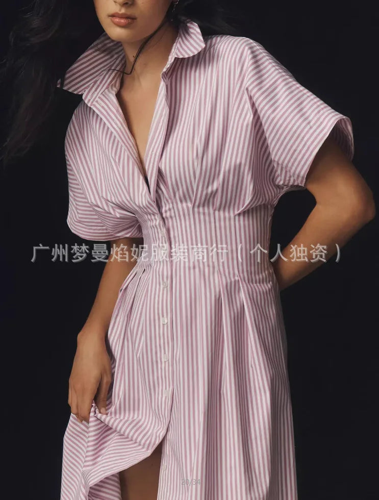Elegant Striped Print Waist-Hugging A-Line Midi Dress for Women