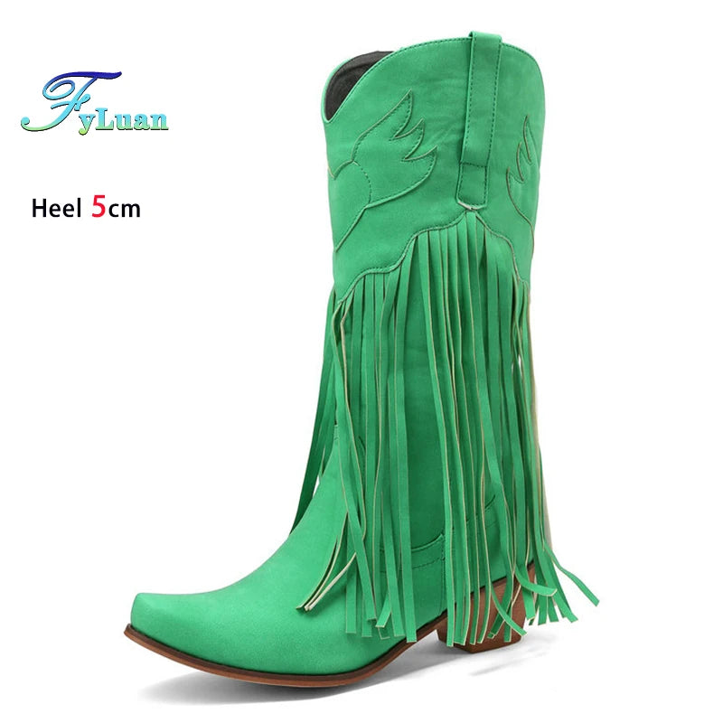Retro Western Style Mid Calf Boots With Block Heel Tassels For Women